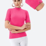 Helanca pulover cu maneca scurta, nasturei metalici si guler scurt, fucsia