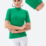 Helanca pulover cu maneca scurta, nasturei metalici si guler scurt, verde