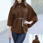 Jacheta trendy stil poncho cu curea, din stofa maro ciocolata