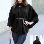 Jacheta trendy stil poncho cu curea, din stofa neagra