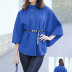 Jacheta trendy stil poncho cu curea, din stofa albastra