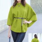 Jacheta trendy stil poncho cu curea, din stofa verde oliv