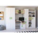 Set dormitor tineret MACIUS, 5 corpuri, PAL alb + sonoma, manere culoare verde, 300x52x197 cm