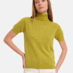 Helanca, pulover cu strasuri cu guler inalt si maneca scurta, din tricotaj fin, verde oliv