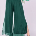 Pantaloni verde inchis din matase si vascoza, cu crapaturi laterale