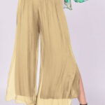 Pantaloni camel deschis din matase naturala cu crapaturi laterale