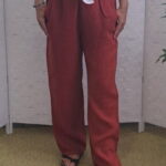 Pantaloni de vara, drepti, din in, cu siret in talie, caramizii
