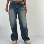 Pantaloni jeans denim croiala larga, albastru prespalat