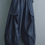Pantaloni balon dama cu fronseu si talie elastica, bleumarin