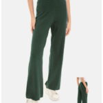 Pantaloni largi si drepti, casual, din tricotaj fin, verde inchis