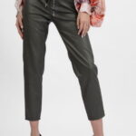 Pantaloni lungi kaki din piele ecologica cu snur in talie