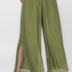 Pantaloni verde olive din matase si vascoza, cu crapaturi laterale