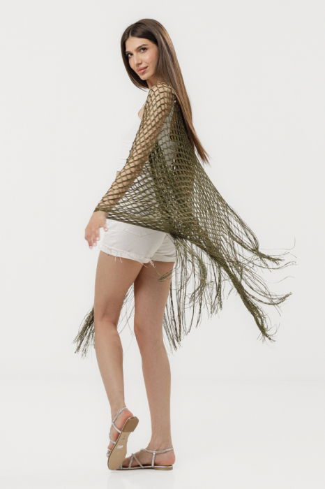 poncho-kaki-din-plasa-cu-fir-auriu-si-franjuri-lungi-663102 Poncho kaki din plasa cu fir auriu si franjuri lungi - imagine 1
