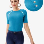 Pulover cu maneca scurta si nasturi metalici decorativi, albastru