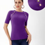 Pulover cu maneca scurta si nasturi metalici decorativi, mov