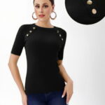 Pulover cu maneca scurta si nasturi metalici decorativi, negru
