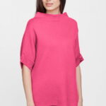 Pulover elegant cu maneca scurta si nasture, din vascoza, fucsia