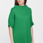 Pulover elegant cu maneca scurta si nasture, din vascoza, verde