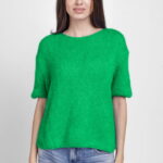 Pulover pufos cu maneca scurta, cu mohair si lana, verde