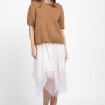 Pulover pufos cu maneca scurta, cu mohair si lana, camel
