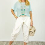 Bluza din bumbac tricotat cu maneca scurta kimono, verde menta