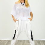 Bluza din bumbac tricotat cu maneca scurta kimono, alb