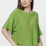 Bluza din bumbac tricotat cu maneca scurta kimono, verde oliv