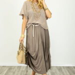 Bluza din bumbac tricotat cu maneca scurta kimono, bej inchis