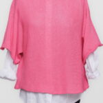 Bluza din bumbac tricotat cu maneca scurta kimono, fucsia