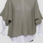 Bluza din bumbac tricotat cu maneca scurta kimono, kaki