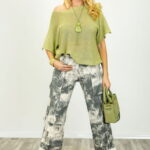 Bluza din bumbac tricotat cu maneca scurta kimono, verde olive deschis