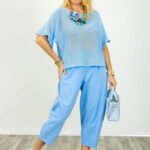 Bluza din bumbac tricotat cu maneca scurta kimono, bleu