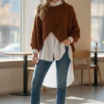 Pulover tip poncho petrecut asimetric, cu lana, caramiziu