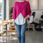 Pulover tip poncho petrecut asimetric, cu lana, fucsia