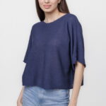 Bluza din bumbac tricotat cu maneca scurta kimono, bleumarin