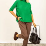 Pulover versatil cu maneci scurte ribbed si guler inalt, din vascoza, verde