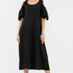 Rochie A-line din in cu umerii goi, lunga,  A-line, neagra