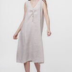 Rochie A-line din in, fara maneci, cu siret pe bust, bej