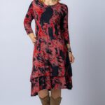 Rochie  A line  midi, din vascoza cu imprimeu bordo si doua volane poale