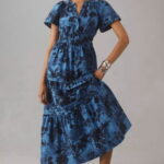 Rochie din poplin de bumbac, cu elastic in talie si volane, albastru cu bleumarin