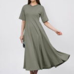 Rochie ampla, lunga clos, din jerseu de bumbac, kaki