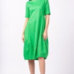 Rochie verde, lalea, cambrata, cu fermoar, din poplin de bumbac