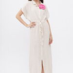 Rochie camasa, din in, cu snur in talie, bej