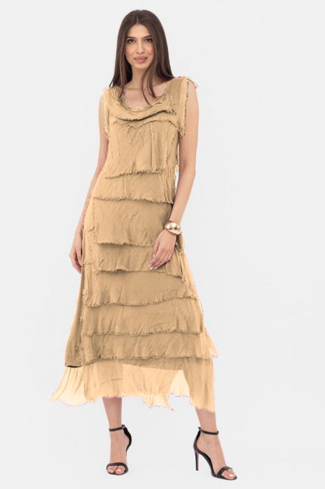 rochie-bordo-din-matase-naturala-cu-volane-franjurate-suprapuse-fara-maneci-copie-499449 Rochie camel din matase si vascoza cu volane franjurate suprapuse, fara maneci - imagine 1