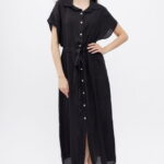 Rochie camasa, din in, cu snur in talie, neagra