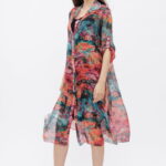 Rochie camasa A-line din matase si vascoza  cu dublura , imprimeu pictural cu rosu si turcoaz