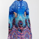 Rochie camasa oversize cu imprimeu paun, albastra