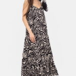Rochie cu volane si bretelute, lunga, animal print alb-negru