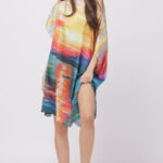Rochie de plaja tip poncho din matase cu imprimeu apus de soare pe apa