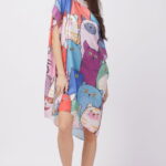 Rochie de plaja tip poncho din matase cu imprimeu pisici multicolore